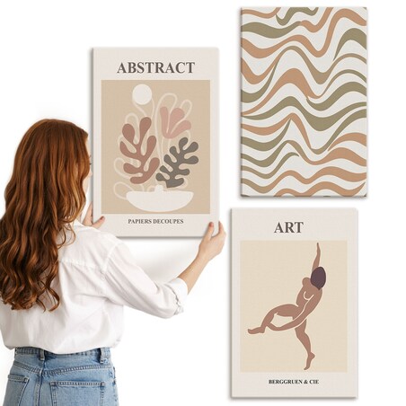 Zestaw 3 dużych obrazów na płótnie - Abstrakcyjne wzory Matisse boho - beżowy