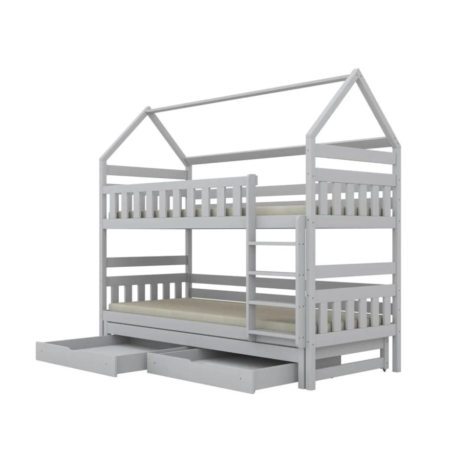 Łóżko piętrowe domek FELIKS 180x90 białe drewniane trzyosobowe z szufladami
