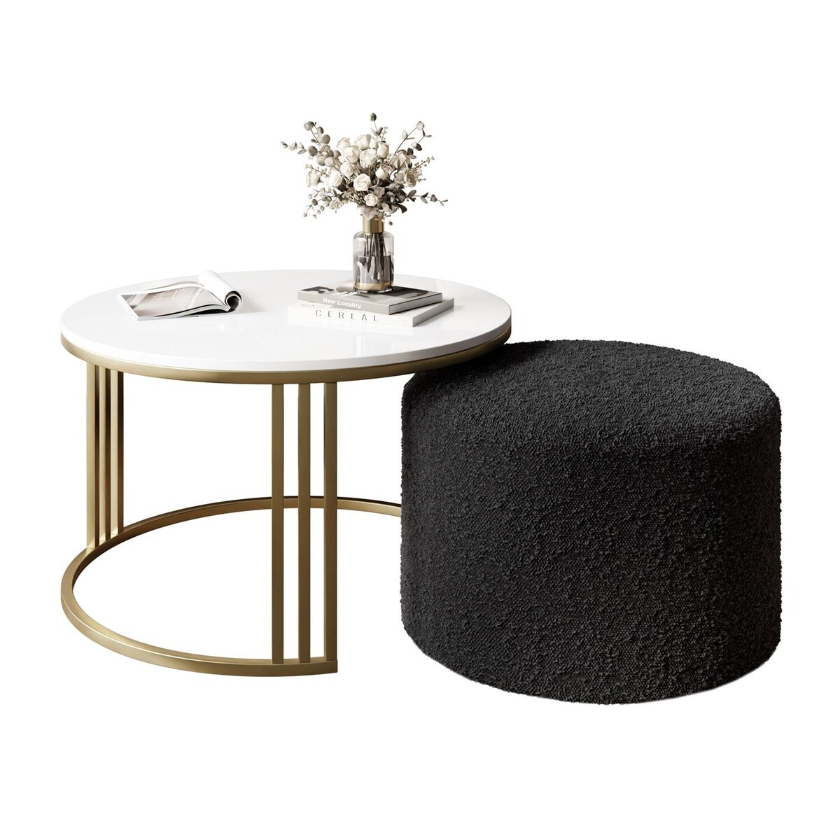 Stolik kawowy z pufą LORI POŁYSK złoto szczotkowane, biały / Coral 60