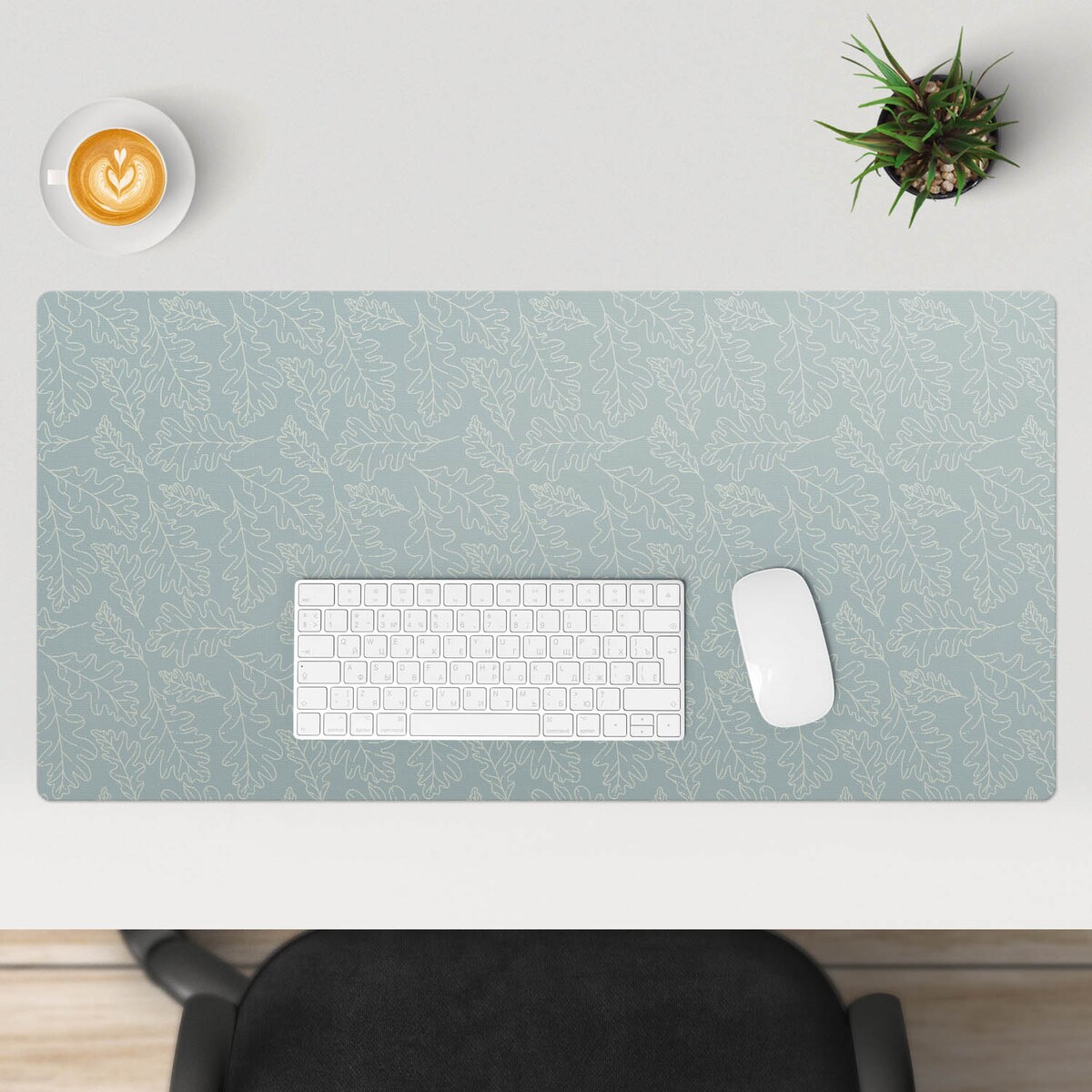 Turkusowa mata na biurko Liście dębu wzór, 90x45 cm