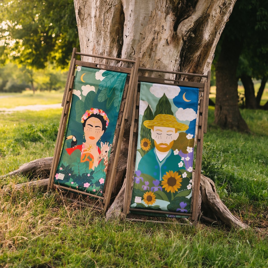 Leżak drewniany poszerzony Frida na prezent, zdejmowany materiał Laba Poland