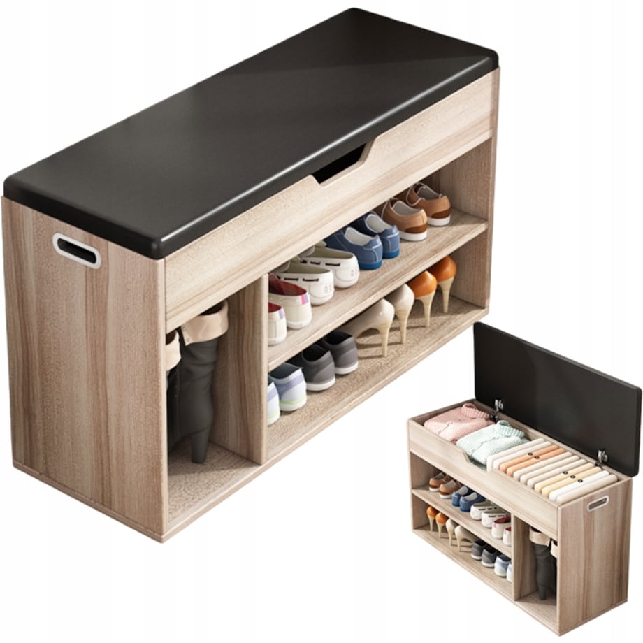 Szafka na buty z siedziskiem drewniana schowek 2 półki otwierana jasny dąb