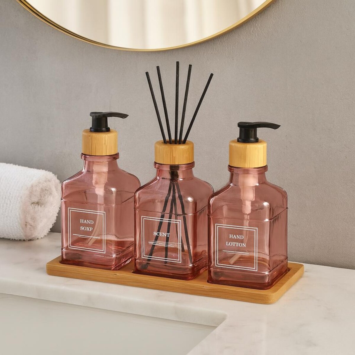 Zestaw łazienkowy ze szklanym dyfuzorem i tacą bambusową REN