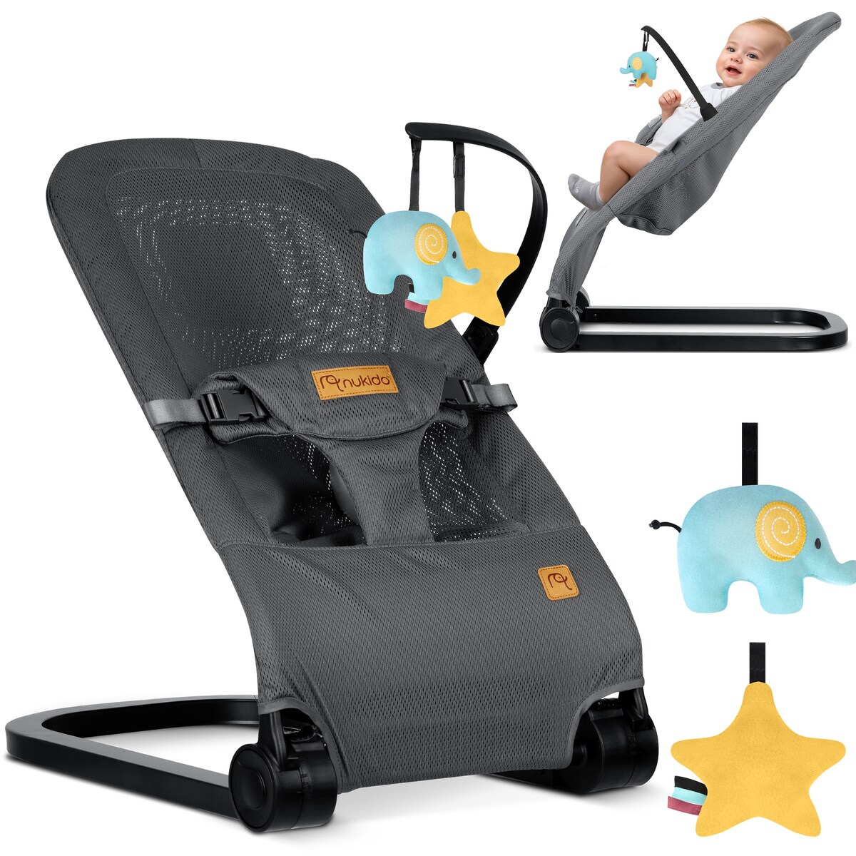 Leżaczek bujany z zabawkami składany bujaczek kołyska Nukido