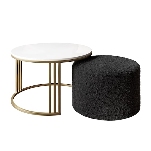 Stolik kawowy z pufą LORI POŁYSK złoto szczotkowane, biały / Coral 60