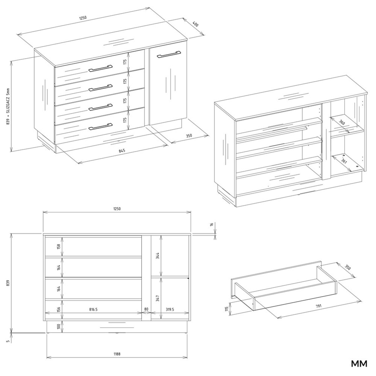 Komoda AMBER 1D4S Szafka 1 Drzwi 4 Szuflady Do Sypialni Salonu Kaszmir Beż