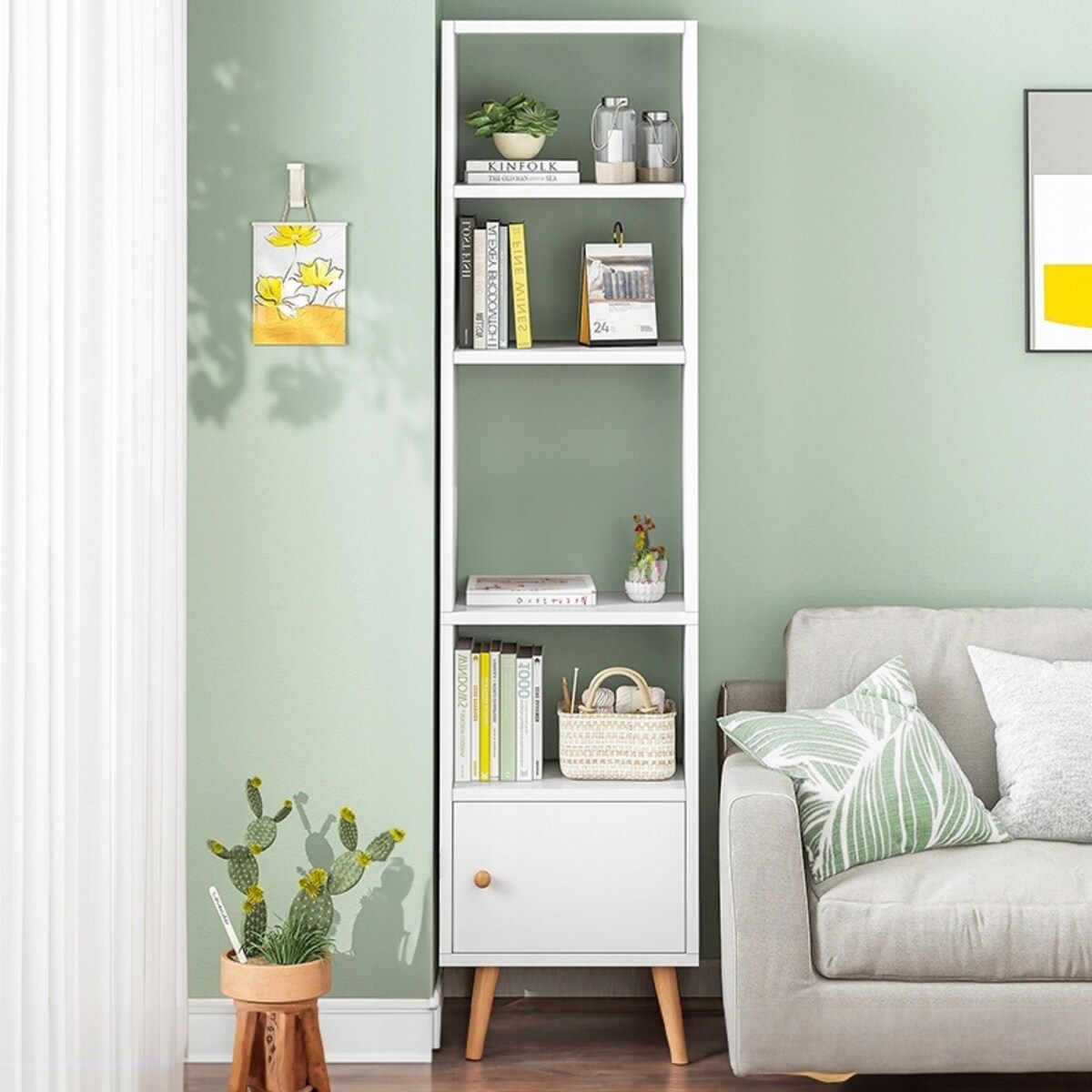 Regał stojący biały na książki półki wysoki skandynawski słupek szafa