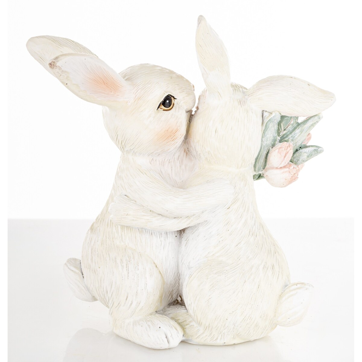 Dekoracja - para króliczków 11x11x6 cm z różowymi tulipanami