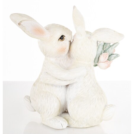 Dekoracja - para króliczków 11x11x6 cm z różowymi tulipanami