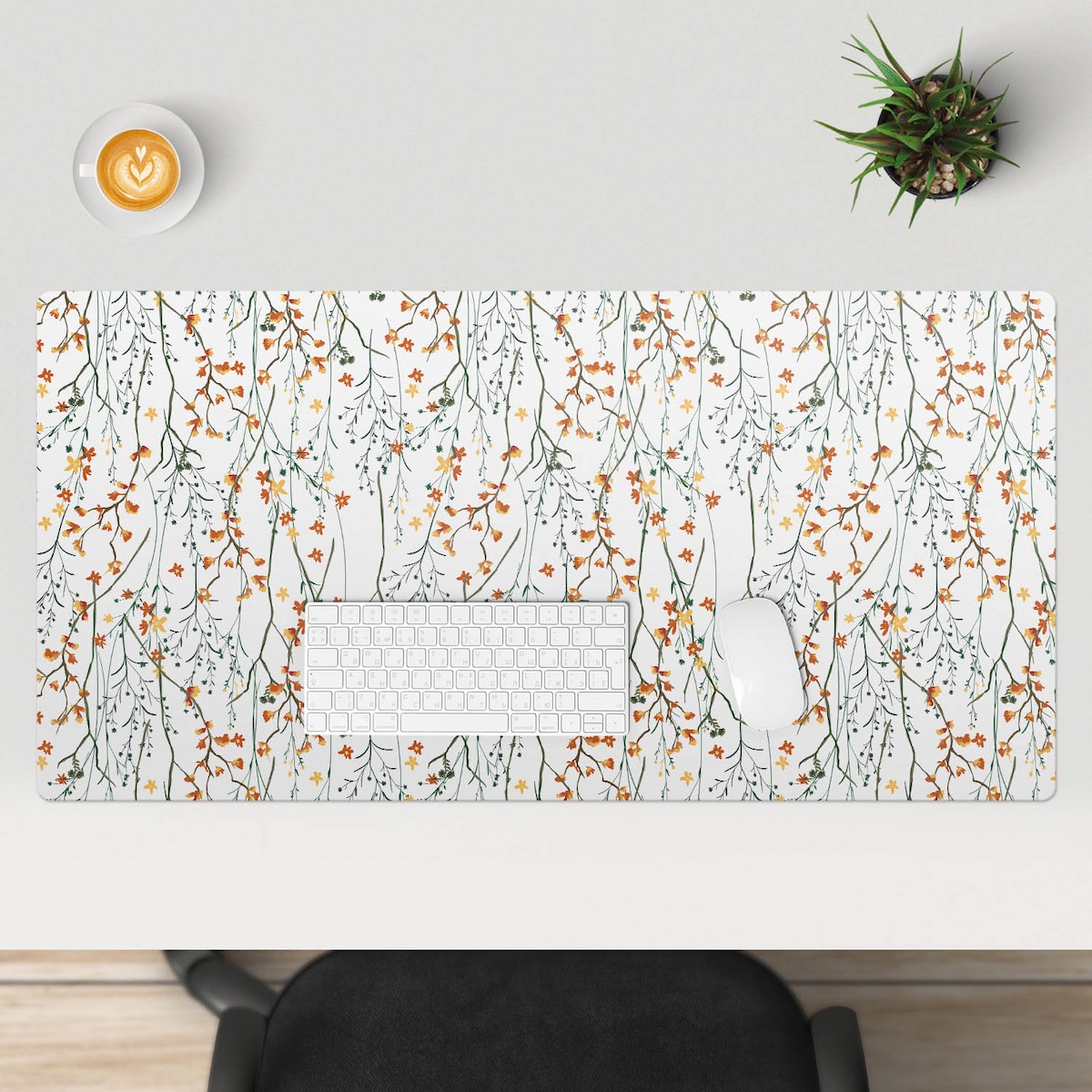 Biała mata na biurko Jesienne kwiaty gałązki, 100x50 cm