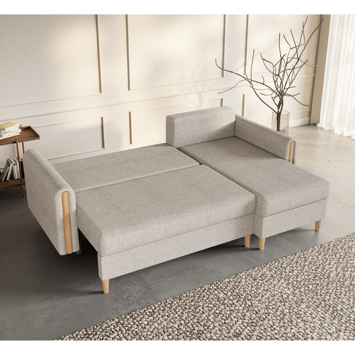 Narożnik GALOS prawostronny z funkcją spania- beżowy- drewno bukowe