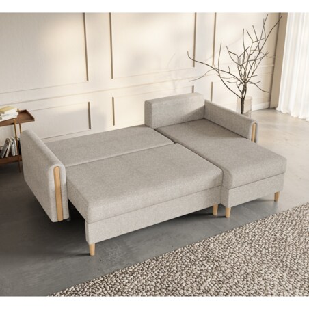 Narożnik GALOS prawostronny z funkcją spania- beżowy- drewno bukowe