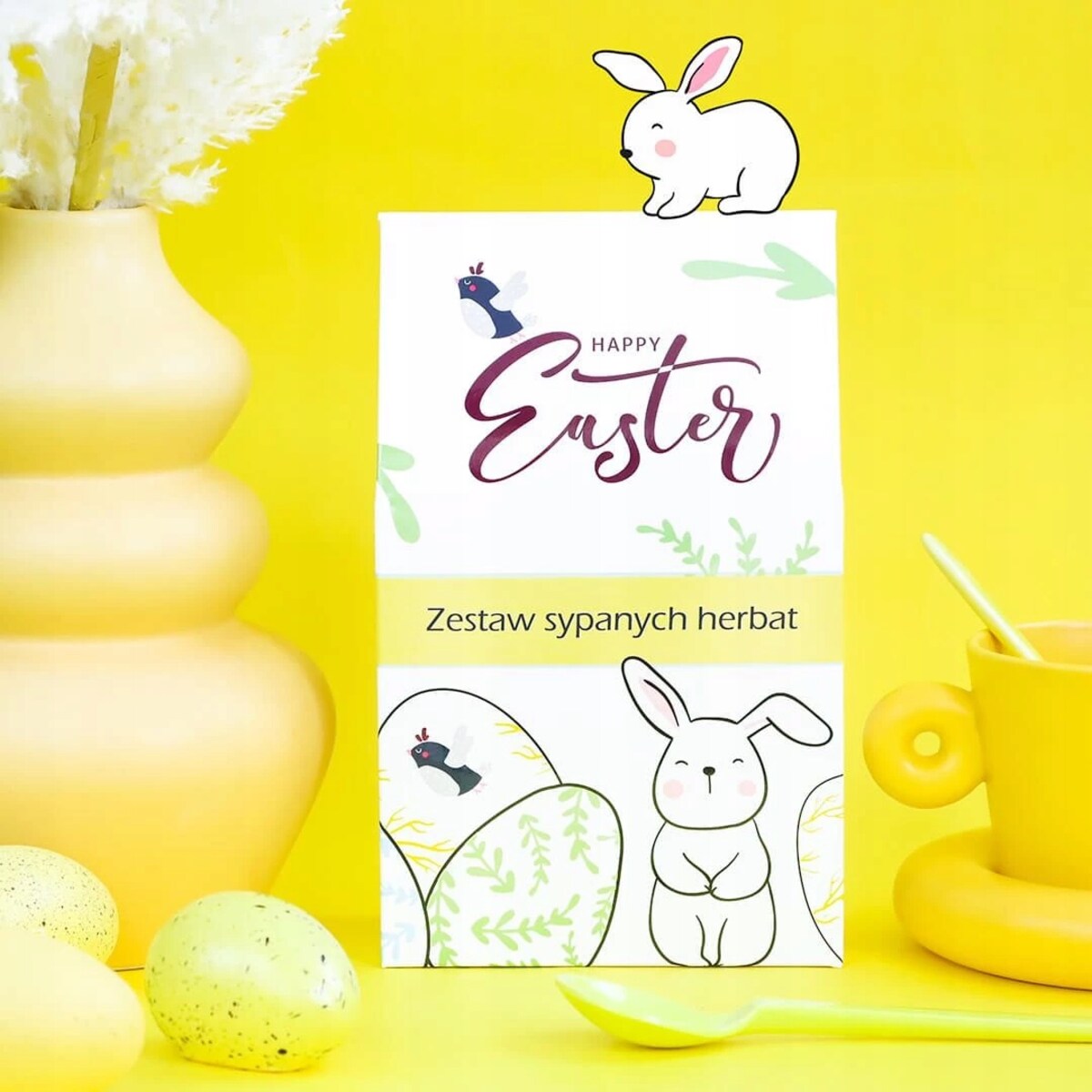 Box HAPPY EASTER zestaw kaw smakowych i herbat liściasych z zaparzaczem - paczka kosz upominek prezent na Wielkanoc Zajączka dla kobiety faceta