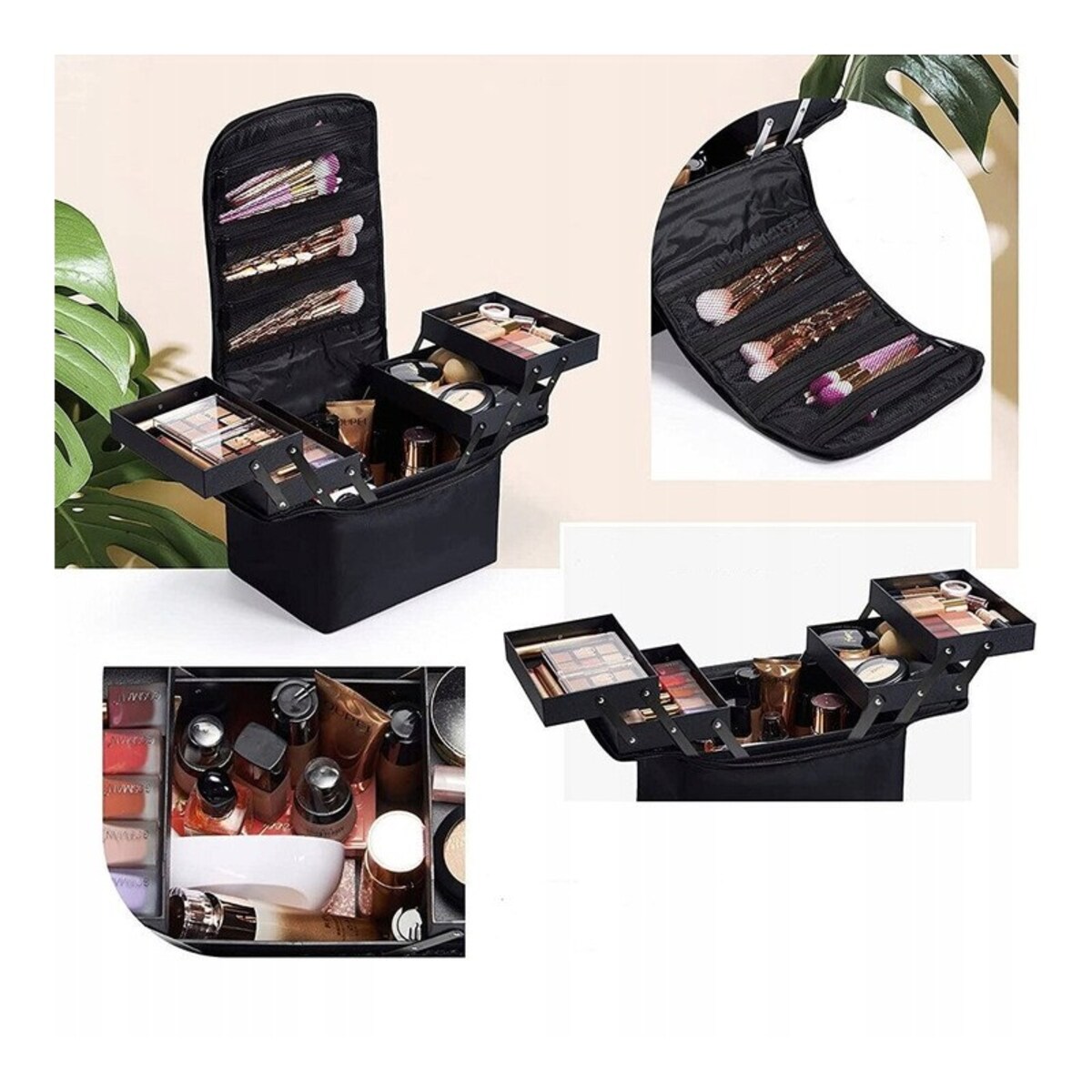 Czarna kosmetyczka rozkładana elegancki kuferek organizer na kosmetyki przenośna 25x28x20cm CB45