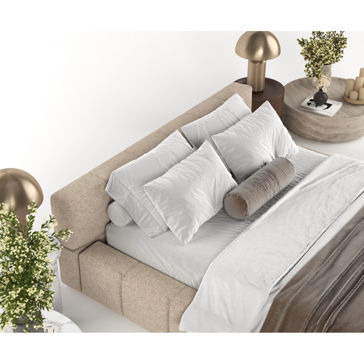 Łóżko tapicerowane MILOS 200x200 z pojemnikiem, Jasny Beż, tkanina Bubble 03