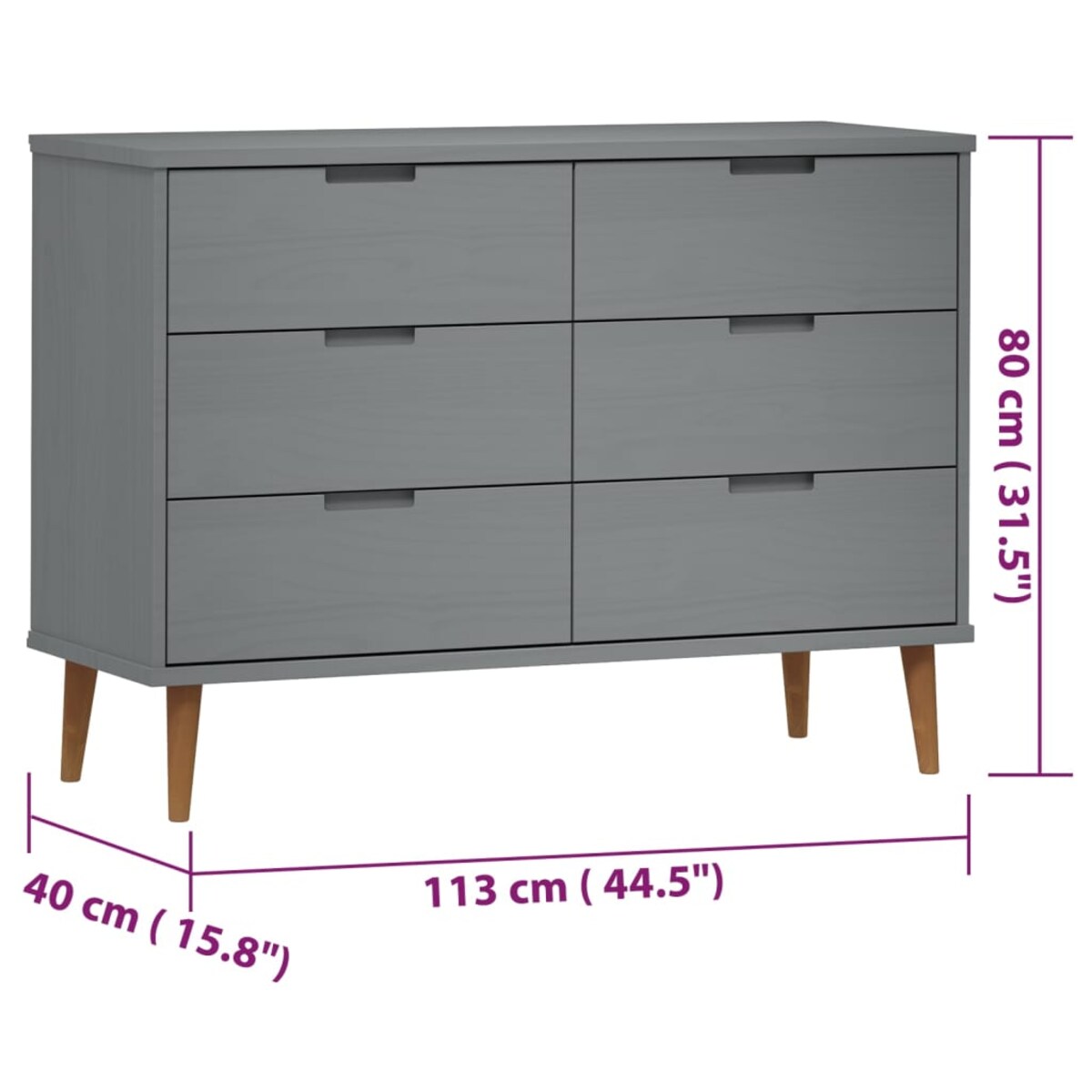 vidaXL Komoda MOLDE, szara, 113x40x80 cm, lite drewno sosnowe