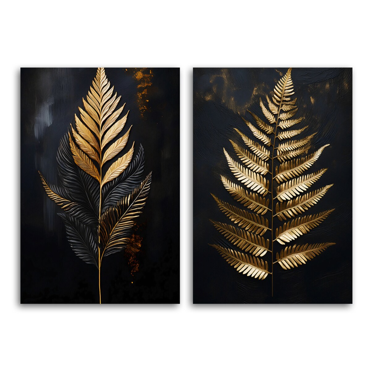 Zestaw set 2 sztuki obrazów do salonu sypialni biura łazienki Paproć Złote Liście Glamour 140x100 (2x70x100)