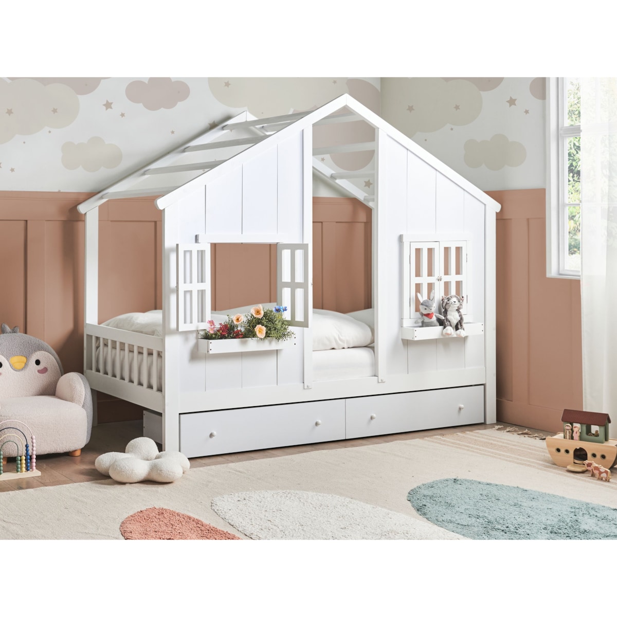 Łóżko dziecięce z szufladami Domek Drewno sosnowe TRAPPES 90 x 200 cm Biały