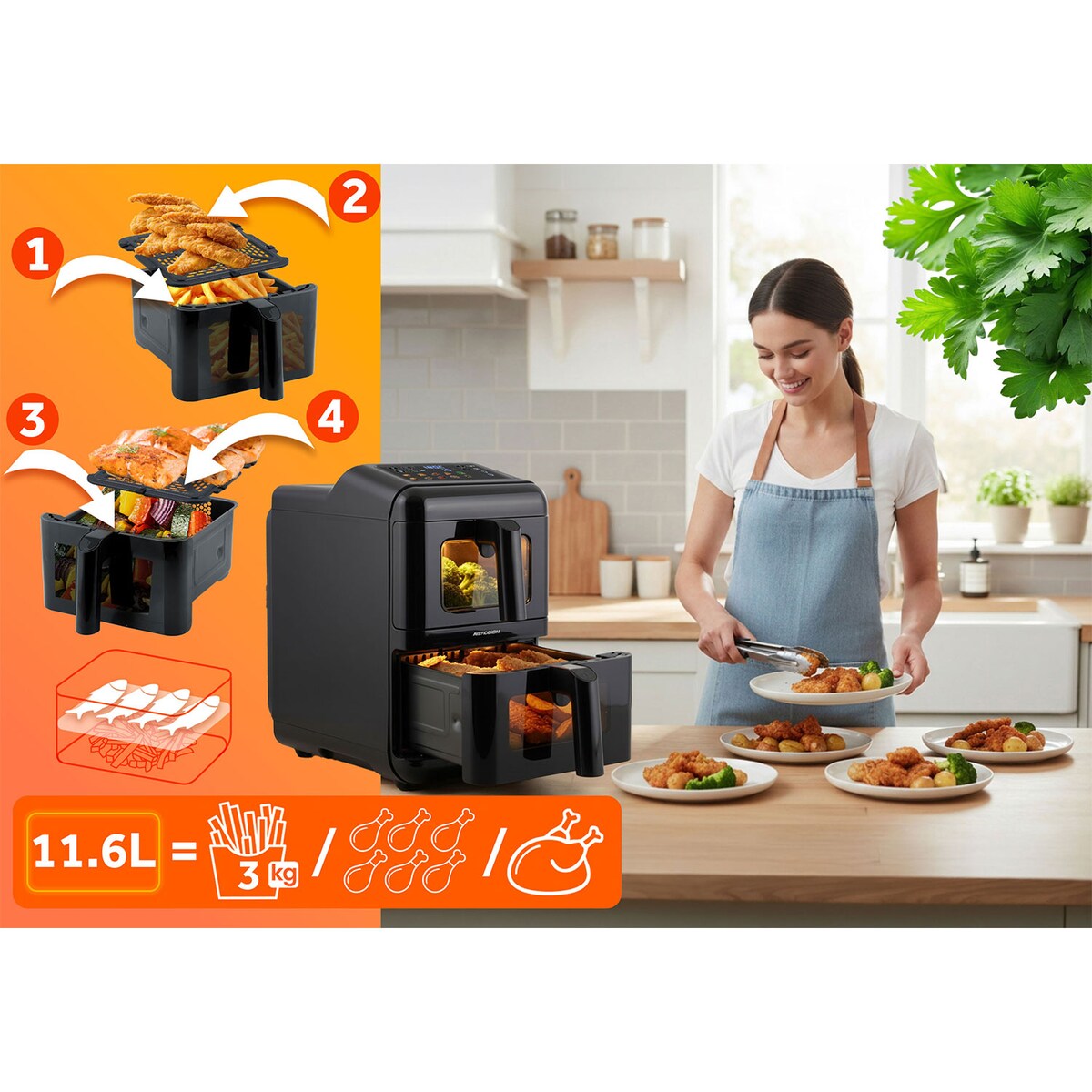 Frytkownica beztłuszczowa Berdsen BD-663 dwukomorowa 11,6L pionowa Air Fryer 3000W