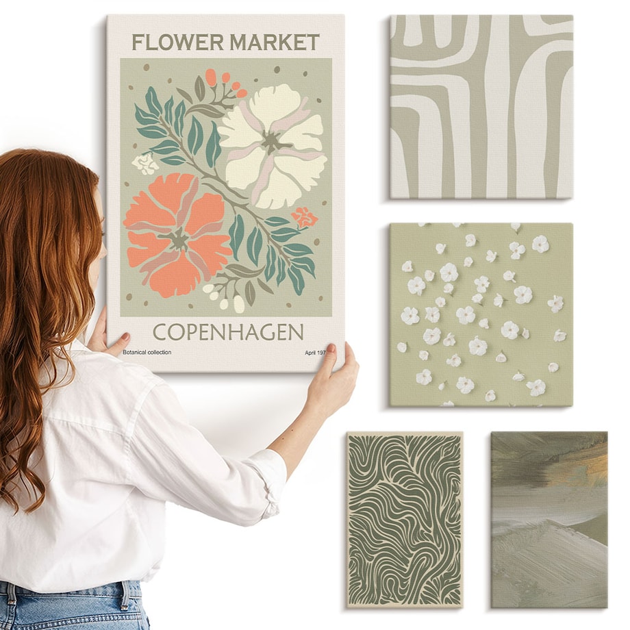 Zestaw 5 obrazów na płótnie - Roślinne motywy boho wzory - zielony