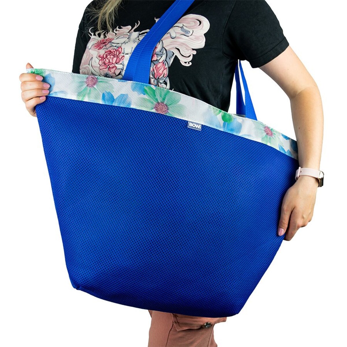 Torba na zakupy niebieska-błękitne kwiaty ze sprzączką
