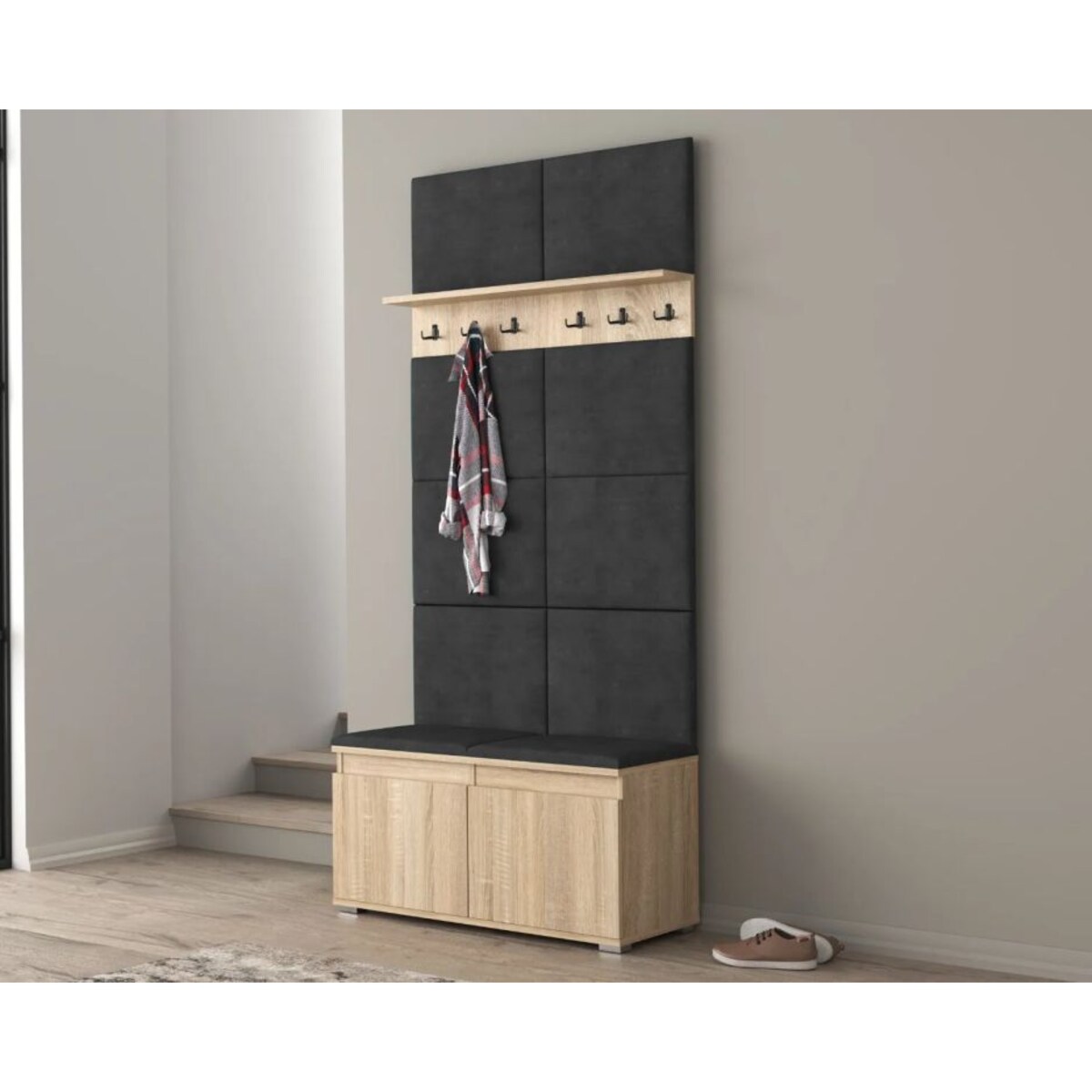 Szafka na buty z siedziskiem i wieszakiem SINGAPUR 100 dąb sonoma/szara