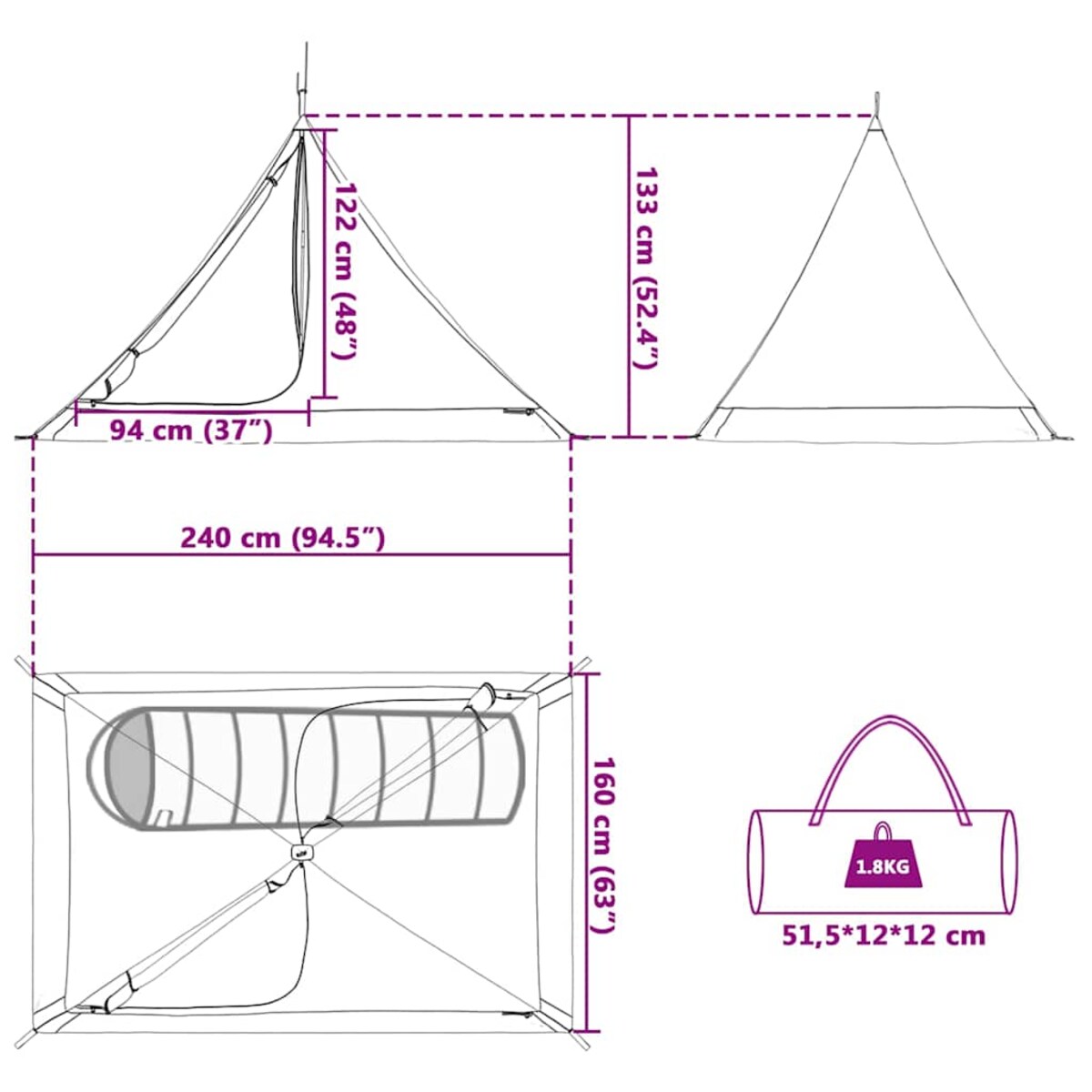 vidaXL Namiot wewnętrzny Czarny 240 x 160 x 133 cm Siatka