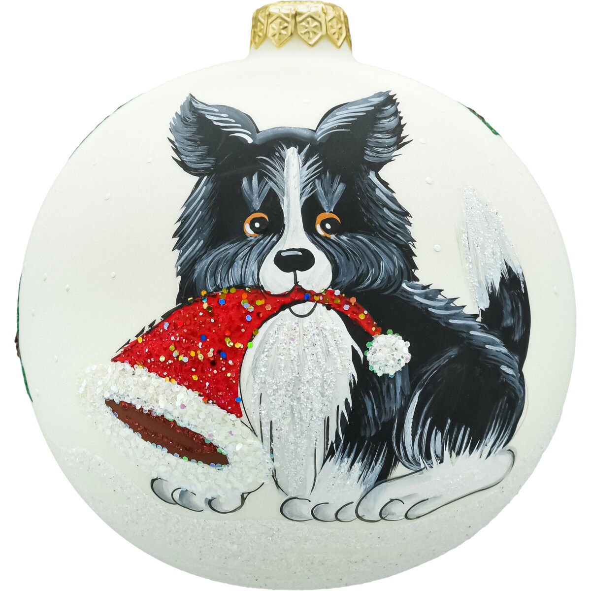 Bombka okrągła: Piesek z czapką Mikołaja