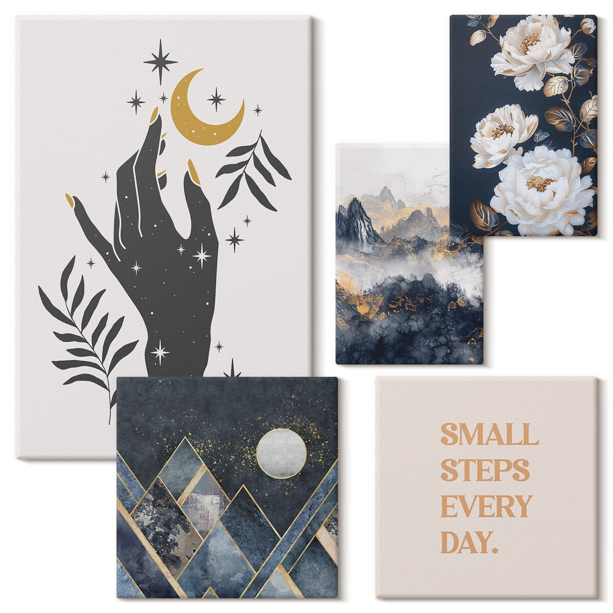 Zestaw 5 obrazów na płótnie - Styl boho z naturą i przesłaniami - granatowy