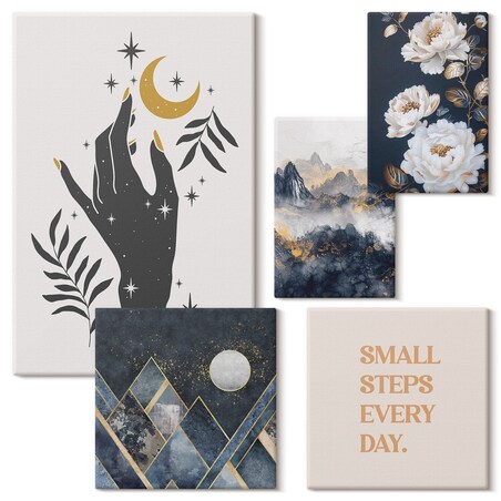 Zestaw 5 obrazów na płótnie - Styl boho z naturą i przesłaniami - granatowy
