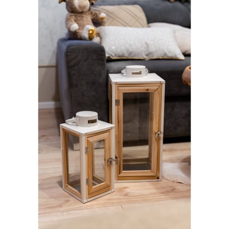 Duże lampiony na taras, drewno i metal w białym kolorze, 2 sztuki