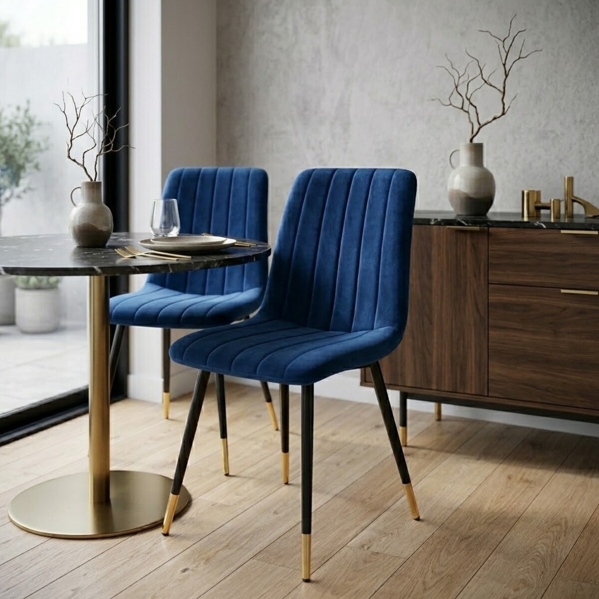 Krzesło do jadalni i salonu granatowy welur – nowoczesne krzesło na czarnych nogach