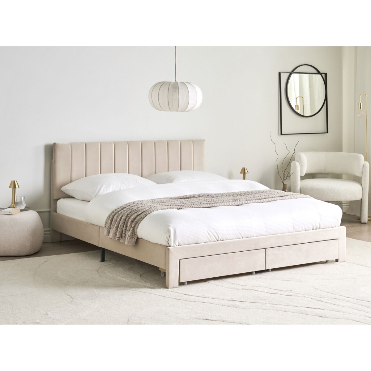 Łóżko z szufladami Welur LONZAC 160 x 200 cm Beżowy