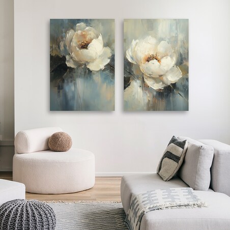 Obraz set dyptyk 2 szt do salonu sypialni kuchni biura jadalni Beżowe kwiaty piwonii boho 80x60 cm (2x40x60)