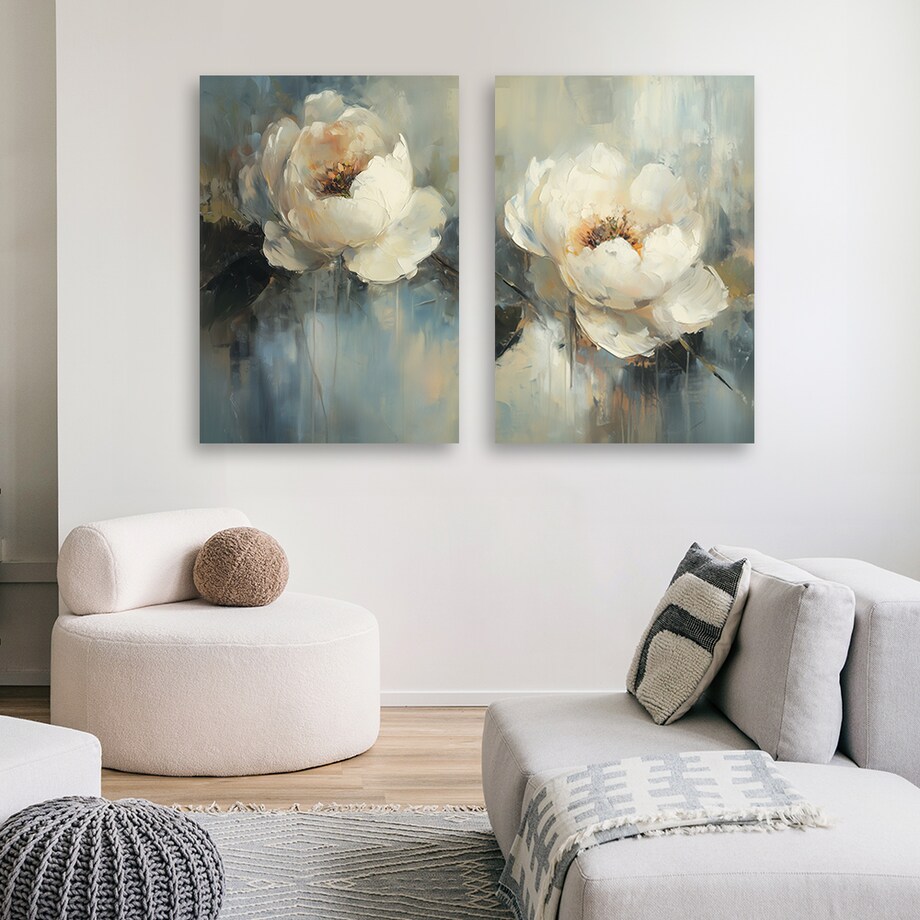 Obraz set dyptyk 2 szt do salonu sypialni kuchni biura jadalni Beżowe kwiaty piwonii boho 80x60 cm (2x40x60)
