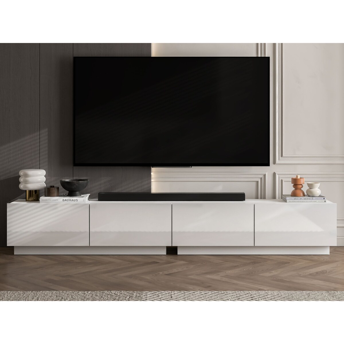Szafka RTV Glamour Stojąca / Wisząca Komoda RTV Fronty Biały połysk 240 cm