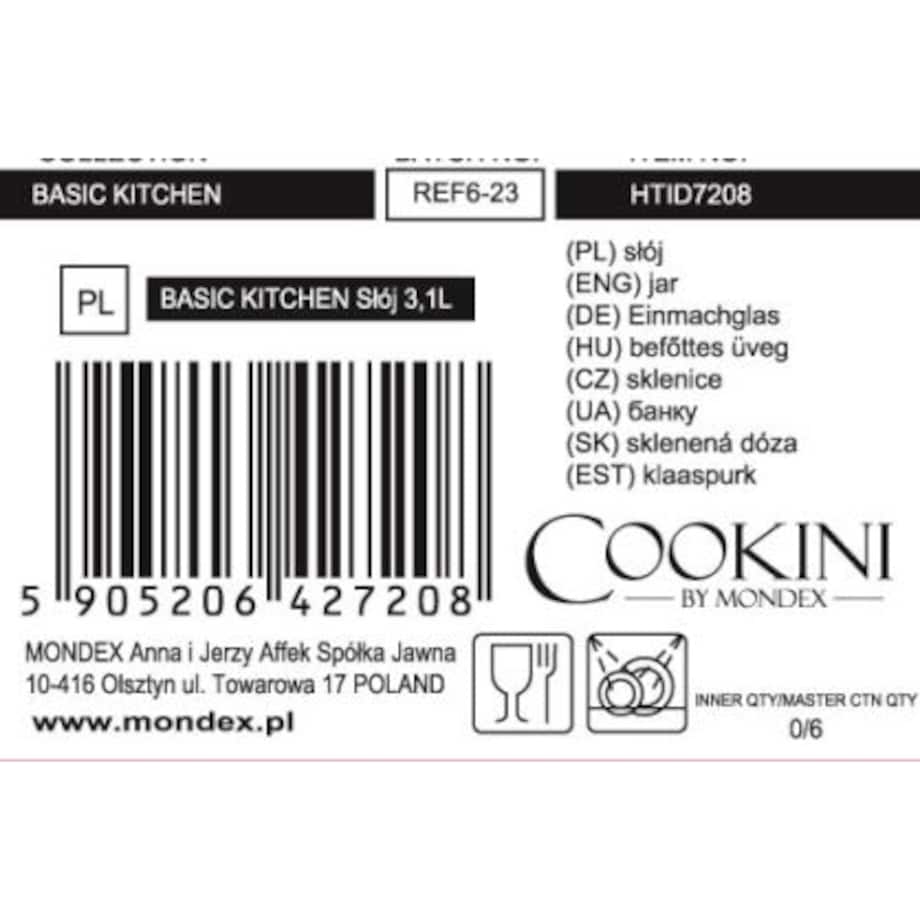 BASIC KITCHEN Słój 3,1L z uchwytem15xh26,5cm