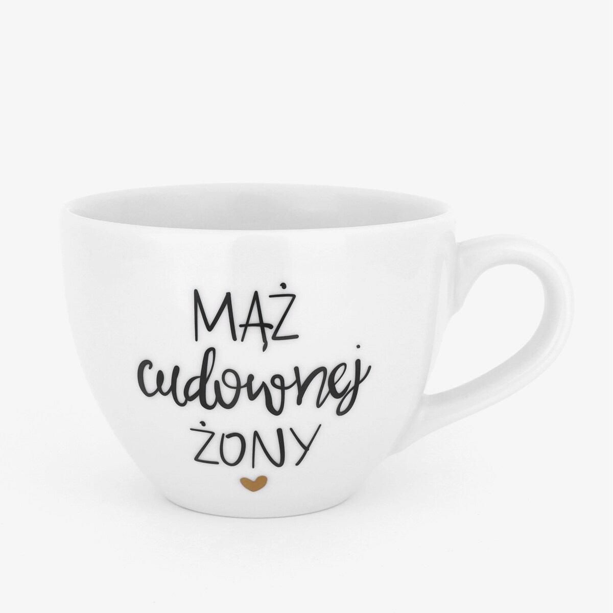 Biały kubek porcelanowy 500 ml - motyw złotego serca z napisem Mąż cudownej żony dla męża na rocznicę ślubu