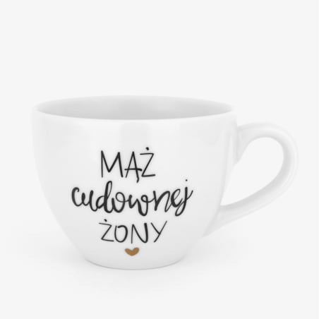 Biały kubek porcelanowy 500 ml - motyw złotego serca z napisem Mąż cudownej żony dla męża na rocznicę ślubu