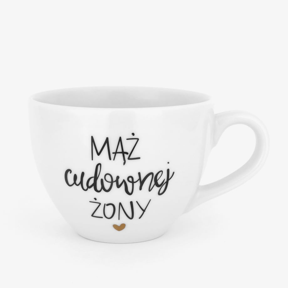 Biały kubek porcelanowy 500 ml - motyw złotego serca z napisem Mąż cudownej żony dla męża na rocznicę ślubu
