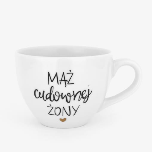 Biały kubek porcelanowy 500 ml - motyw złotego serca z napisem Mąż cudownej żony dla męża na rocznicę ślubu