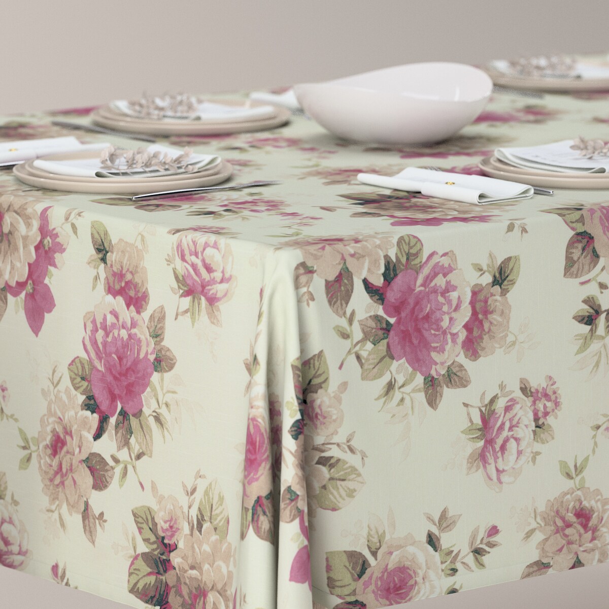 Obrus prostokątny 100 x 100 cm różowo-beżowe róże na kremowym tle