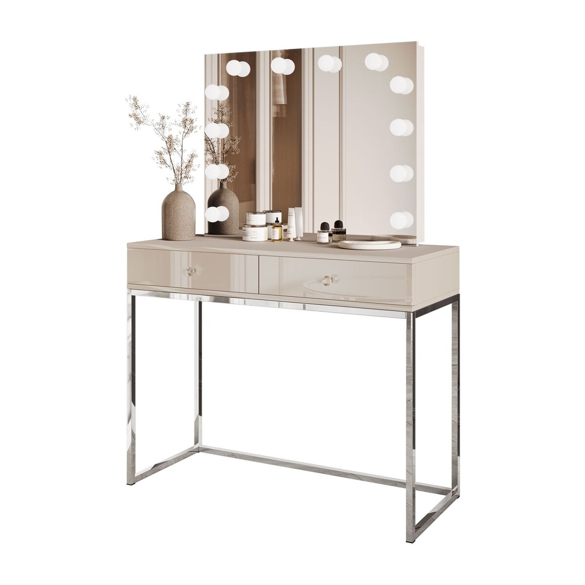 Toaletka kosmetyczna BLANCO KASZMIR ELITE z lustrem i oświetleniem srebrny chrom, uchwyt biały kryształ