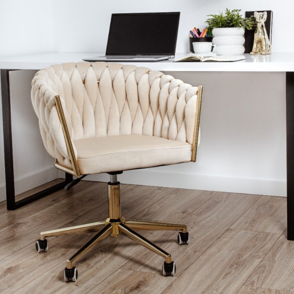 Fotel biurowy krzesło obrotowe regulowane welurowe beżowe
