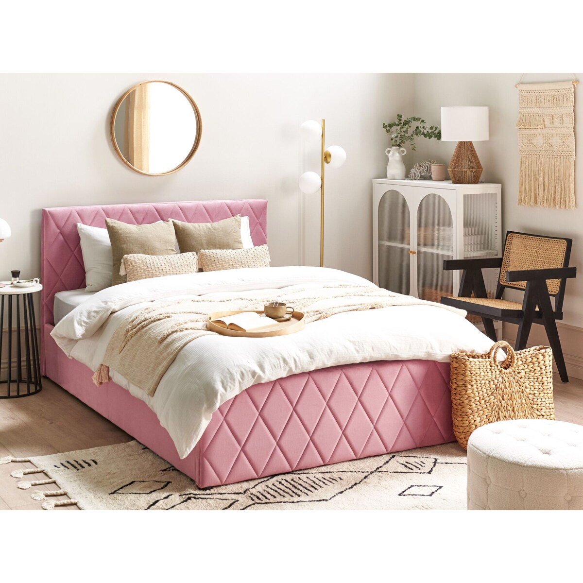 Łóżko z pojemnikiem welurowe 140 x 200 cm różowe ROCHEFORT