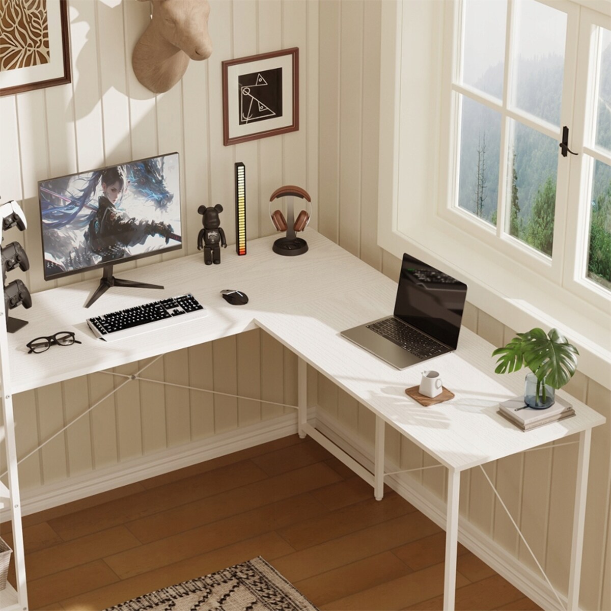 Biurko komputerowe narożne półkami regałem białe eleganckie szkolne loft