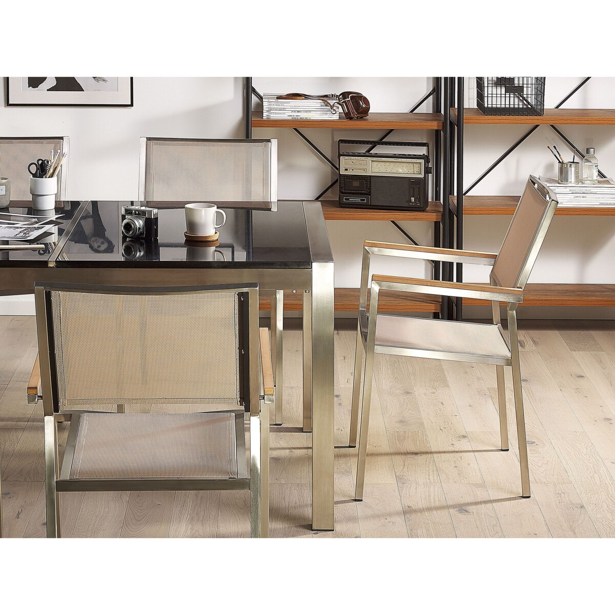 Zestaw ogrodowy stół granit palony dzielony blat czarny i 6 krzeseł beżowych GROSSETO