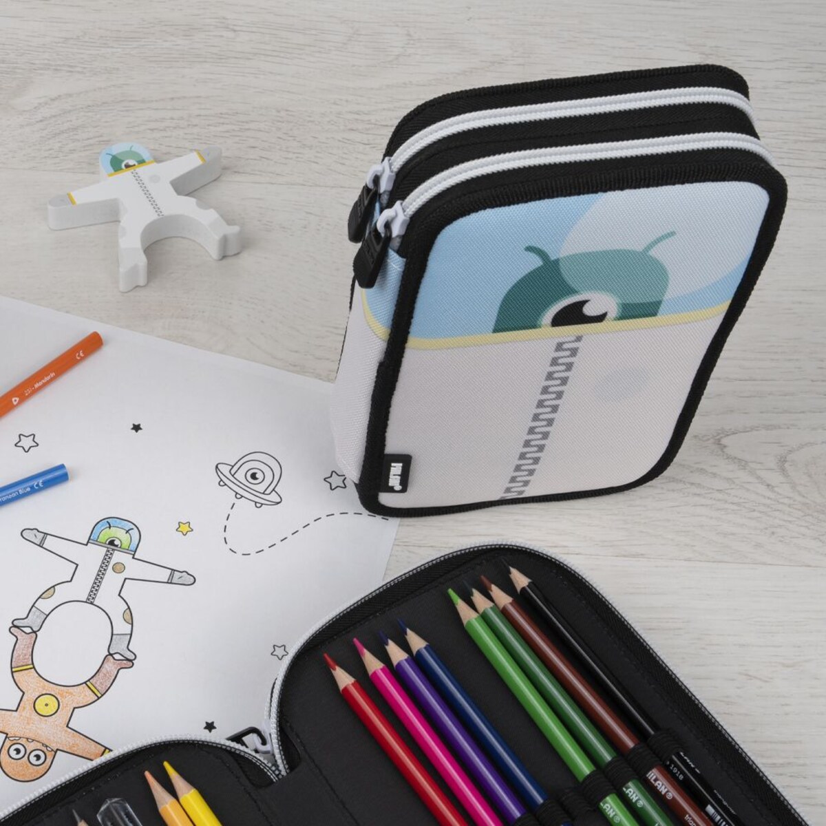 Piórnik 2-poziomowy z wyposażeniem MILAN ALIENS, niebieski