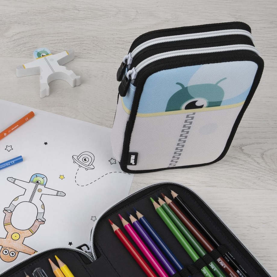 Piórnik 2-poziomowy z wyposażeniem MILAN ALIENS, niebieski