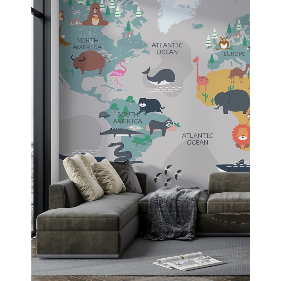 Fototapeta Mapa_Swiata_Ze_Zwierzetami Do Sypialni Salonu Ścienna 400X280
